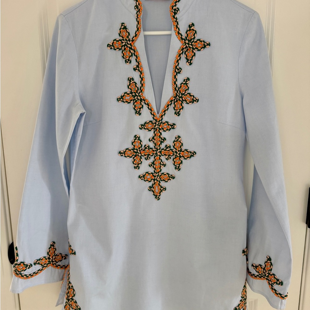 Tory Burch Light Blue Tunic with Orange and Green Embroidery